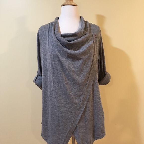 Cowl Neck Rolled Sleeve Wrap Cardigan Sweater Grey - Picture 6 of 6